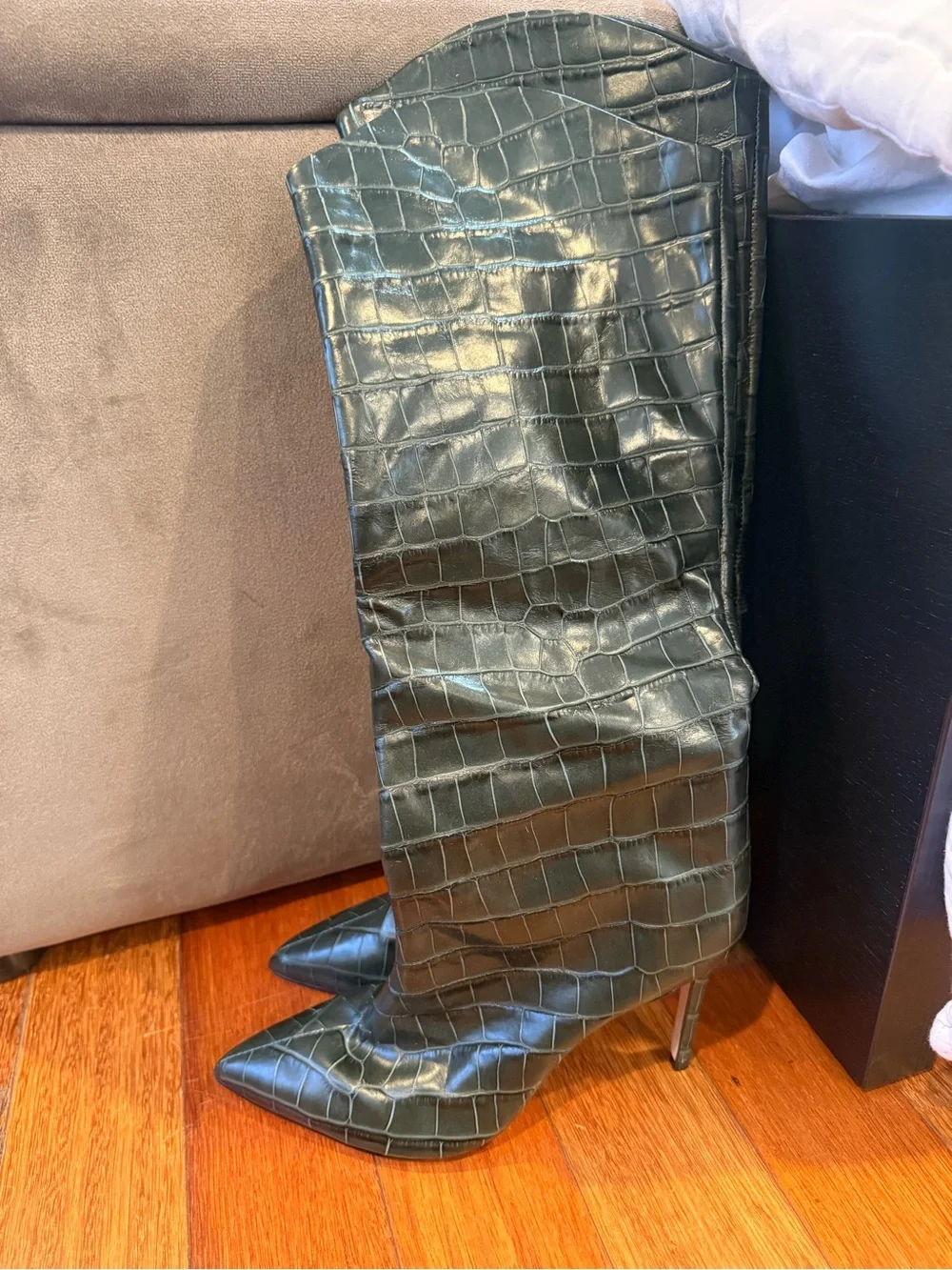 SCHUTZ Croc-leather Embossed Pointed-Toe Over-The-Knee Boots in Dark Green